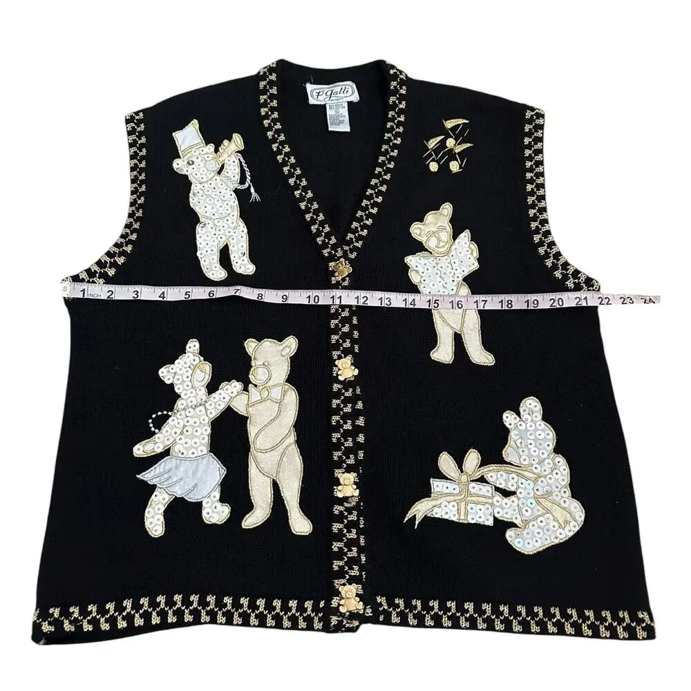 Vintage P’Galli Sequin Teddy Bear Christmas Vest XL Black Gold Holiday Sweater